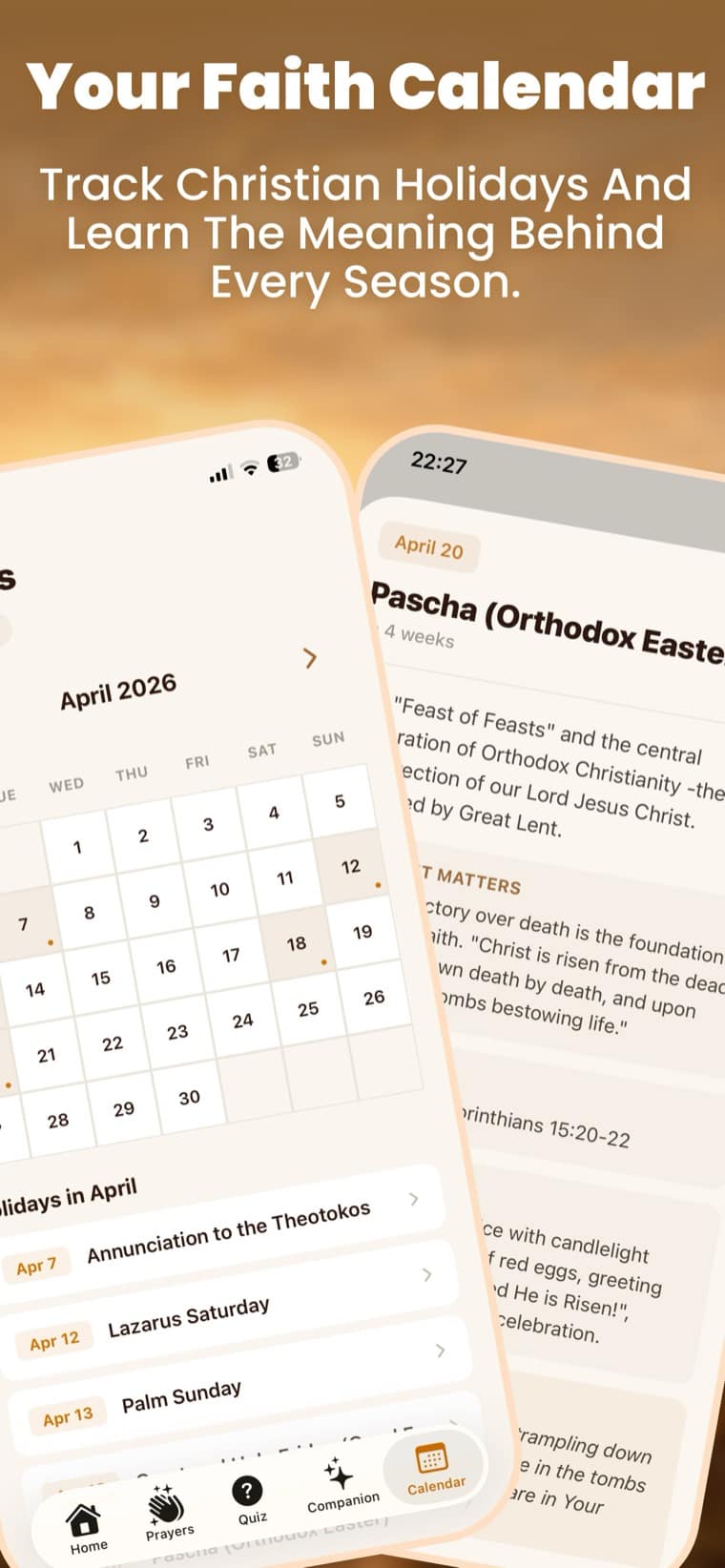 PrayMe faith calendar showing April with Christian holidays such as Palm Sunday and Pascha