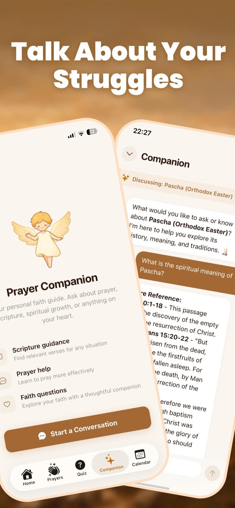 PrayMe Prayer Companion chat screen answering a question about a Bible passage