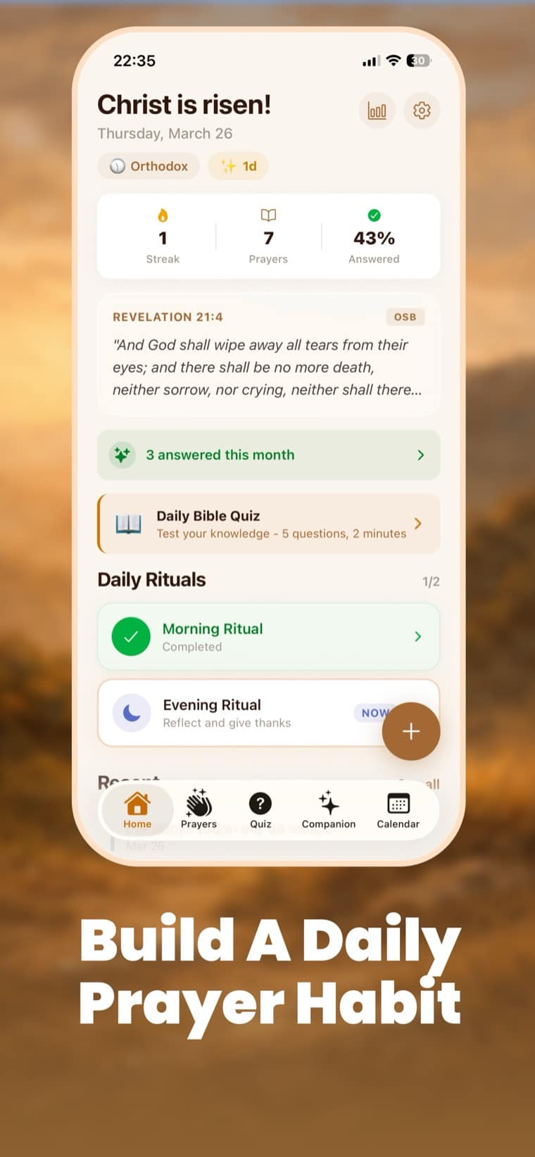 PrayMe home screen showing prayer streak, number of prayers and answered prayers, a Bible verse of the day and daily rituals