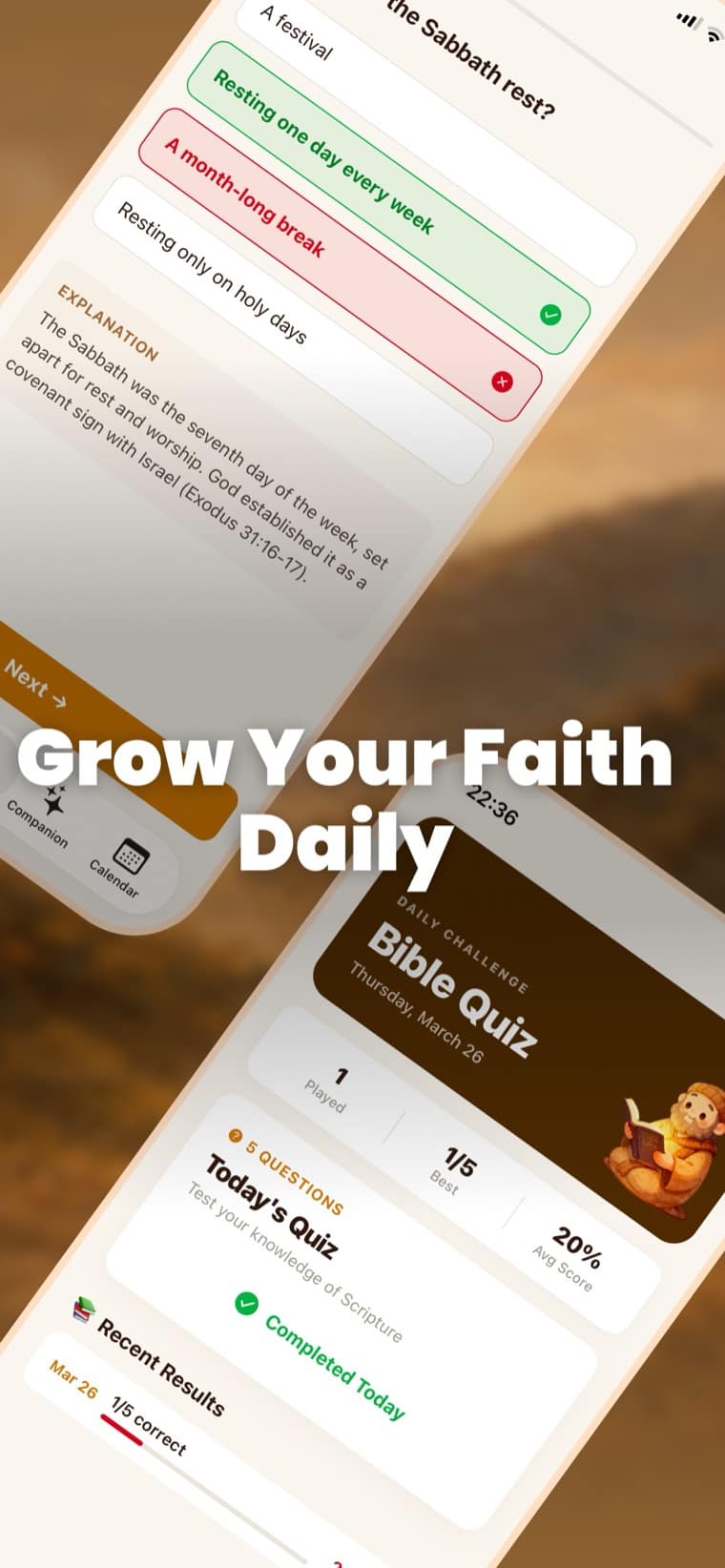 PrayMe daily Bible quiz screen with a multiple choice question and an explanation